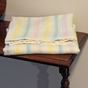 Vintage Pastel Striped Baby Blanket Acrylic Satin Trim Waffle Weave. GUC.